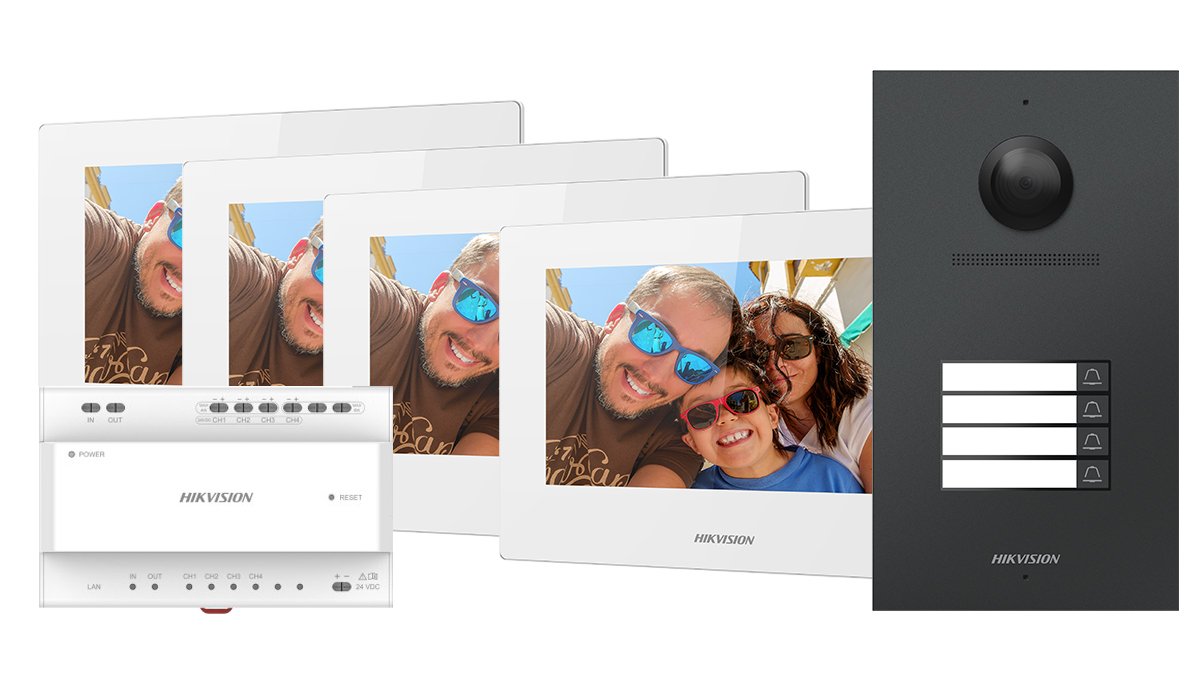 DS-KIS702Y(O-STD)/DS-KIS7024Y-G Hikvision Villa Zwei-Draht-Bausatz — IP-Video-Sprechanlage mit 4 Innenstationen