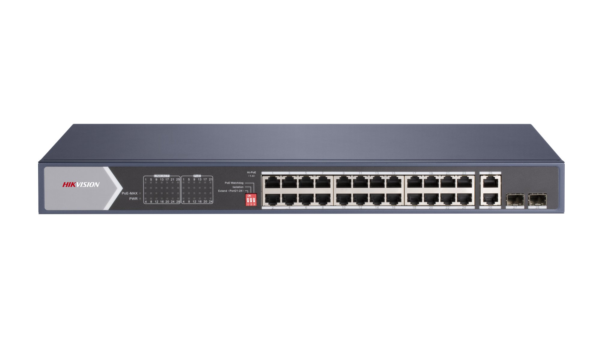 DS-3E0528HP-E(O-STD) — 24-Port Gigabit PoE Switch mit Hi-PoE und Glasfaser