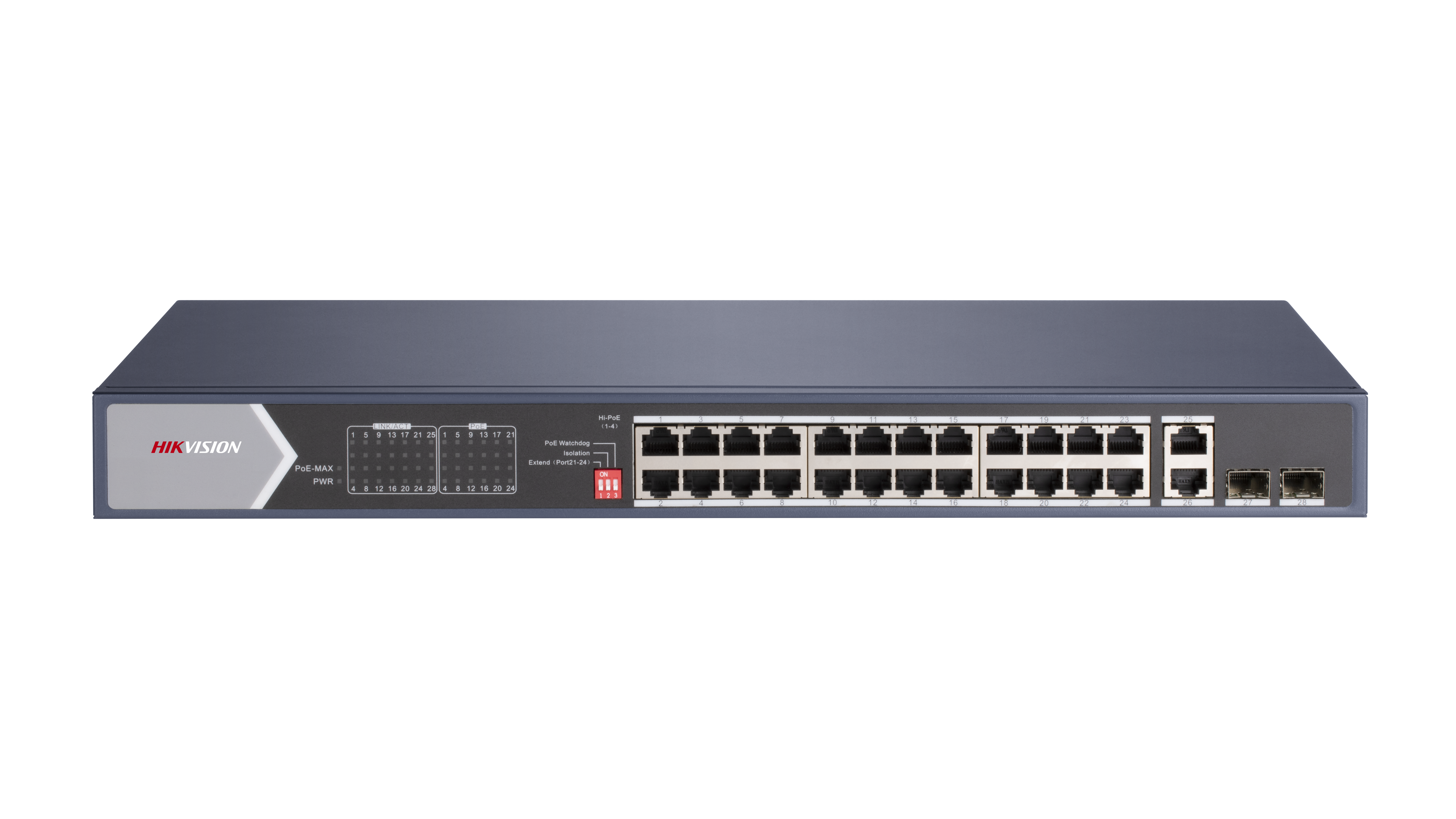 DS-3E0528HP-E(O-STD) — 24-Port Gigabit PoE Switch mit Hi-PoE und Glasfaser